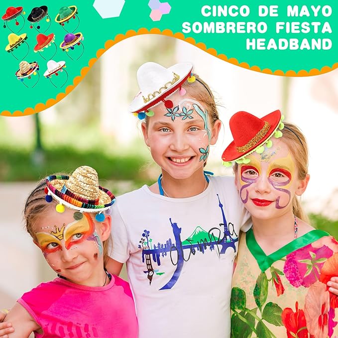 8 Pack Cinco De Mayo Fiesta Fabric and Straw Sombrero Headbands Sombrero Party Hats Cinco De Mayo Fiesta Sombrero Headband for Mexican Theme Party Decorations
