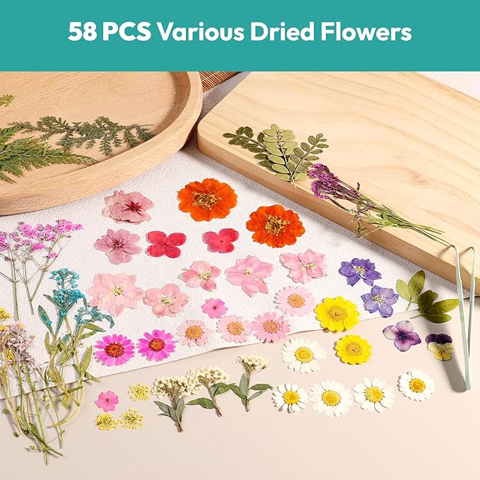 Dried Flowers, Resiners Pressed Flowers for Craft Real Natural Dried Flowers Kit for Scrapbook Supplies DIY Making Crafts Jewelry Resin Soap Candle Card Making (Pink 58pcs)