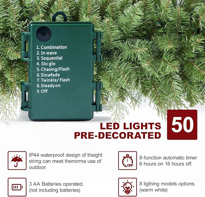 9 FT Pre-lit Christmas Garland Holiday Artificial 50 Led Light for Stairs Wall Door Indoor Outdoor Garland with Battery Operated Timer, for Holiday Home Decorations Fireplaces