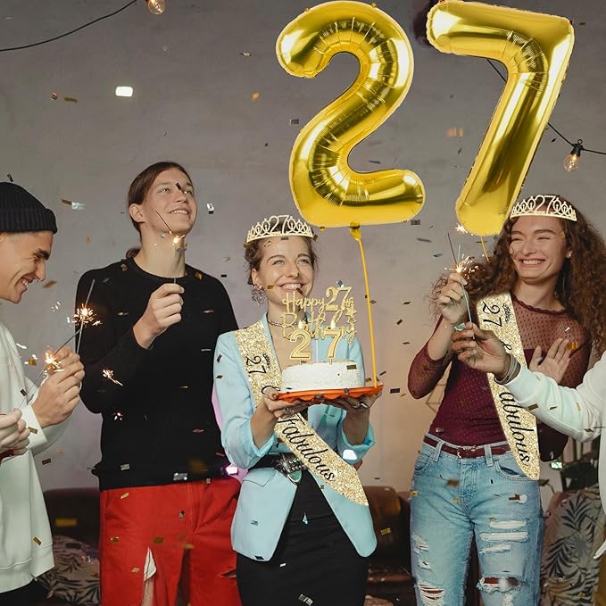 27th Birthday Decorations for Women Gold Set with 27th Birthday Tiara and Sash, Cake Topper and Candles, Number Balloons, 27 Year Old Gifts for Women