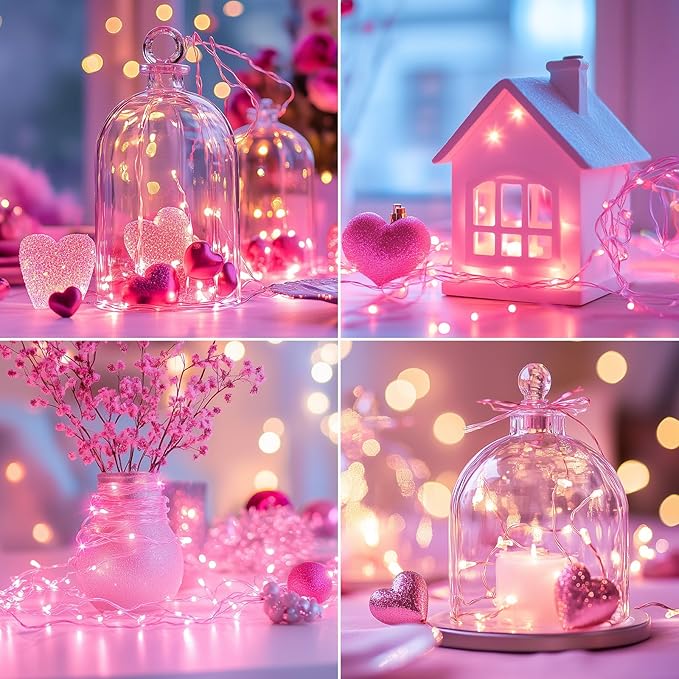 Minetom 6 Pack Fairy Lights Battery Operated String Lights with Timer - 7ft 20 LED Waterproof Silver Wire Firefly Lights for Valentine’s Day Decor DIY Crafts Wedding Table Centerpieces, Pink