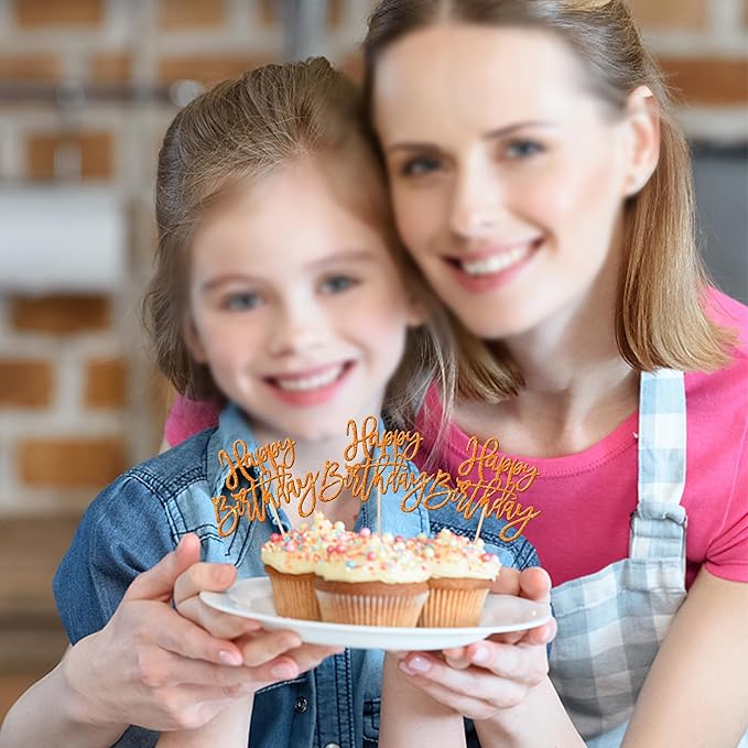 24 PCS Glitter Cupcake Toppers - Happy Birthday & Anniversary Picks - Orange
