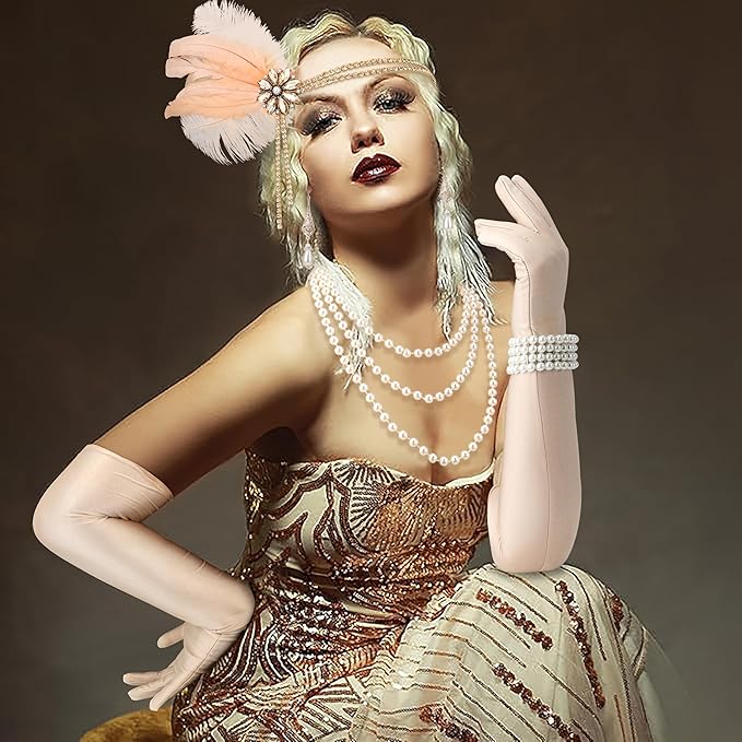 DRESHOW 1920s Great Gatsby Accessories for Women Flapper Headpiece Headband Gloves Costume Harlem Nights Accessories Set