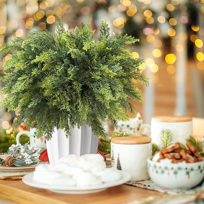 Orgrimmar 12 Pcs Christmas Real Touch Cedar Branches- 18" Artificial Christmas Fake Pine Picks Faux Greenery Stem,Ideal for DIY Crafts, Wreaths & Garland, Indoor/Outdoor Holiday Decor