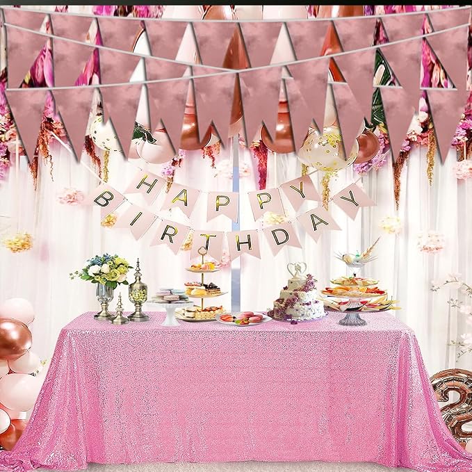 40M/130FT Rose Gold Triangle Pennant Banner Flag Metallic Fabric Bunting Garland for Christmas Wedding Birthday Anniversary Bridal Shower Engagement Graduation Hen Party Decorations Supplies