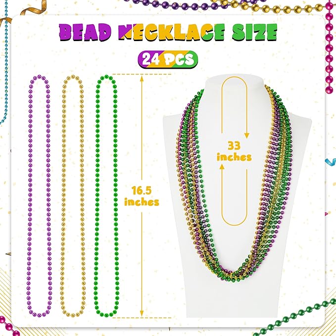 24 PCS Mardi Gras Beads Necklaces, 33" Green Purple Gold Metallic Costume Accessories Bulk, Party Beads Carnival Parade Throws, Round Beaded Necklaces for Baby Shower Decorations Party Favors