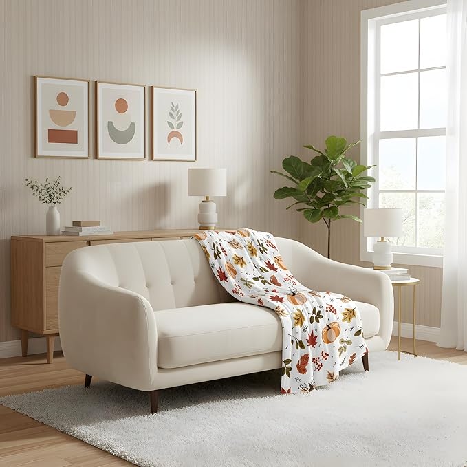 Autumn Harvest Flannel Throw Blanket – Fall Pumpkin and Leaf Pattern – Soft and Cozy Blanket for Sofa or Bed, W50 x L70in