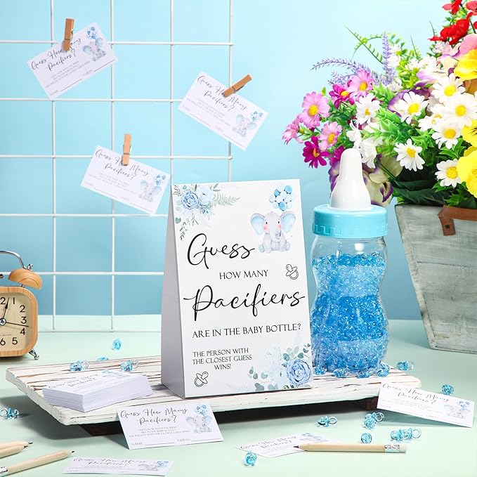Roowest 512 Pcs Baby Shower Games Guess How Many Pacifiers Sign 100 Small Guessing Games 10 HB Pencils 750ml Milk Bottle 400 Acrylic Pacifiers Decoration for Guest Gender Reveal(Blue,Elephant)