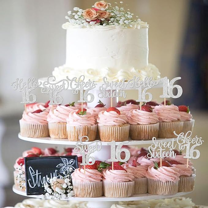 30PCS Happy 16th Birthday Cupcake Toppers Glitter Sweet Sixteen Hello 16 Cupcake Picks Cheers to 16 Birthday Decorations for 16th Birthday Anniversary Party Cake Decoration Supplies Silver