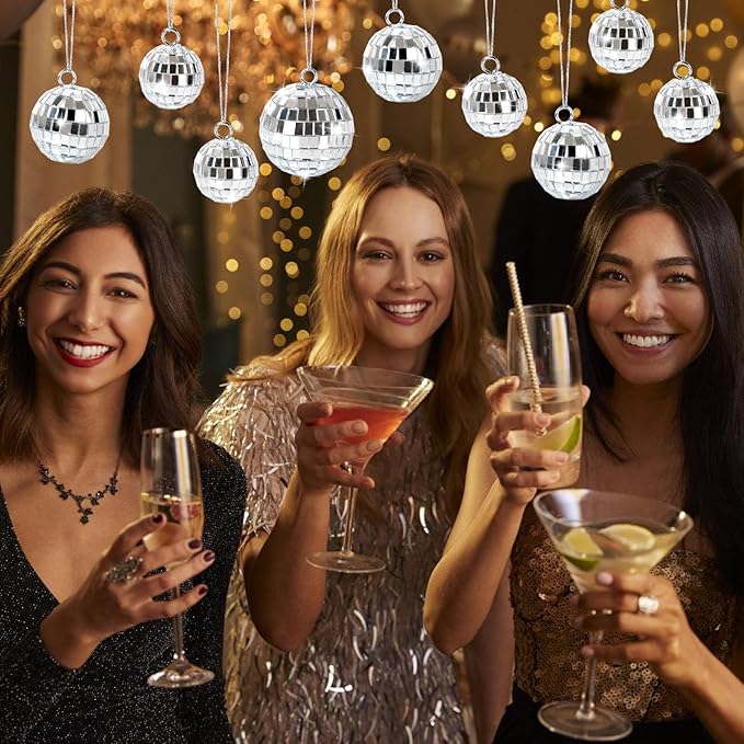 20 Pcs Mirror Disco Ball Hanging Ornaments Silver Glass Decor 70s Disco Party Decorations Ornament with Rope for Dance Birthday 70s Theme Party