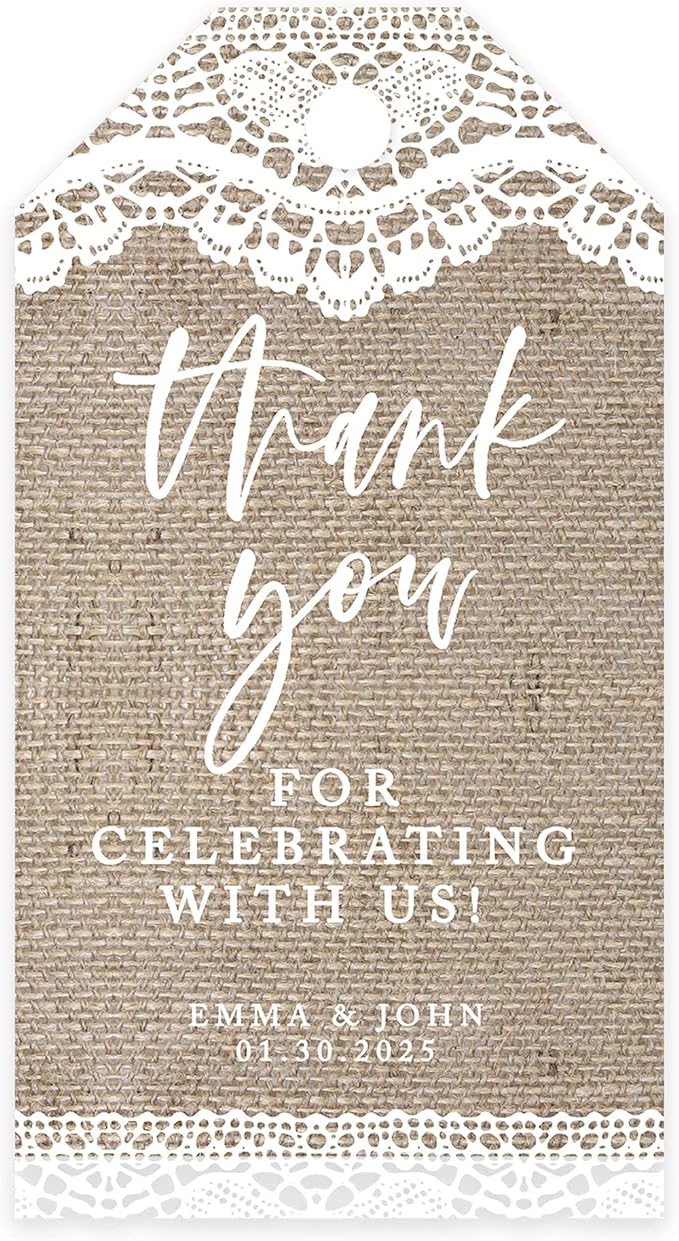 Andaz Press 100-Pack Personalized Thank You Tags with Bakers Twine Burlap Lace Custom Cardstock Wedding Gift Tags for Wedding Party Favors 2 x 3.75-Inches