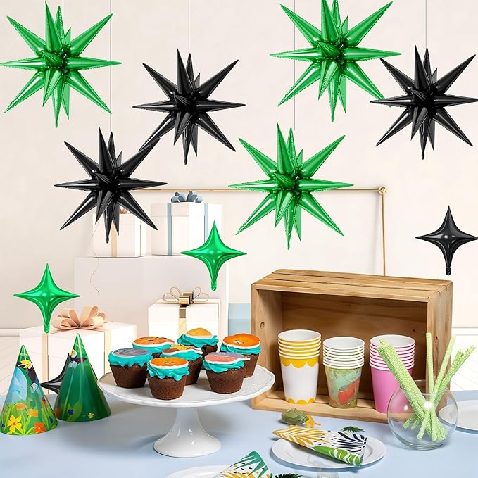 18 Pcs Black Green Star Balloons, Green and Black Balloon with 6 Pcs 22-Inch Explosion Star Balloons 12Pcs 10-Inch Four Pointed Stars Foil Balloon for Anniversary Football Birthday Party Decor