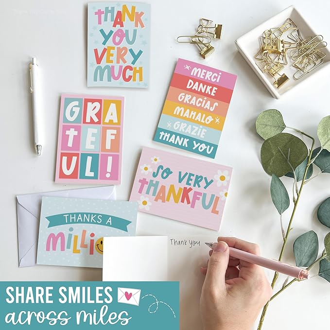 Hadley Designs Bulk Thank You Cards with Envelopes - 24 Kids Thank You Cards For Teachers, Cute Thanks Blank Cards and Envelopes, Fun Appreciation Note Card for Birthday, Baby Shower & Small Business