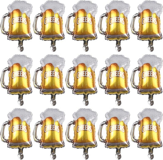 15 Pcs Beer Mug Cheers Foil Balloons Gold 16 Inch Mylar Balloon Birthday Beer Festival Beer Theme Party Decoration Supplies