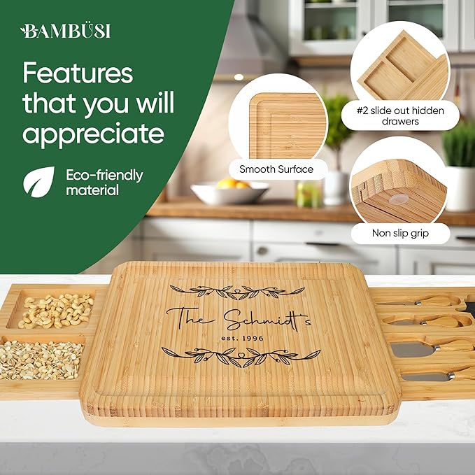 Personalized Charcuterie Board Gift Set - Engraved Bamboo Cheese and Meat Platter, Custom Cutting Board for Wedding, Housewarming Gifts New Home, Birthday, Anniversary, Newlywed, Kitchen Serving Tray