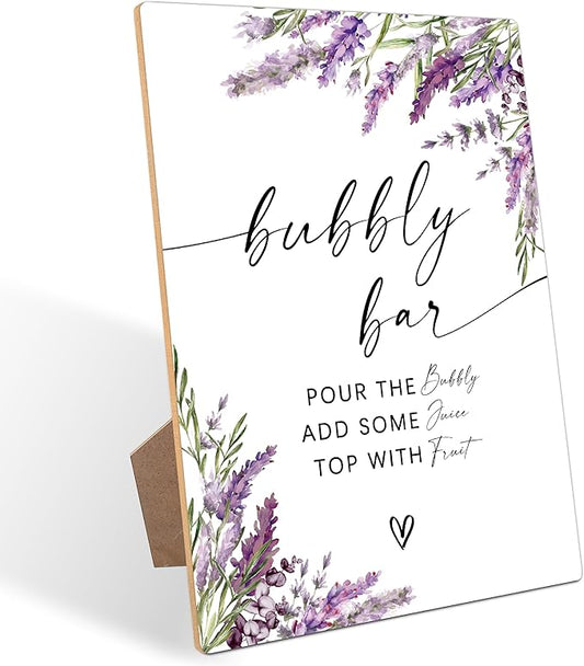 Bubbly Bar Sign, Lavender Bridal Shower Decorations, Wedding Reception Table Decorations, Engagement Party Decor, Purple Floral Wooden Sign with Stand for Wedding Reception And Bridal Party Decor, 21