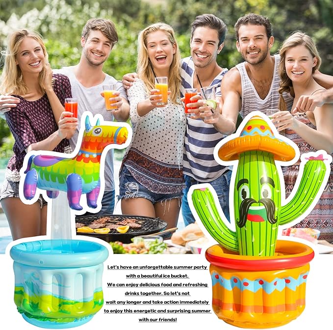 PARENTSWELL 47.5'' Drink Cooler for Parties, 2 Pack Inflatable Cactus Ice Bucket for BBQ, Bachelorette Supplies, Pool Party, Picnic, Floating Cooler for Hawaiian Luau Tropical Summer Party Decorations