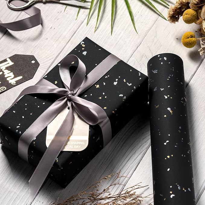 WRAPAHOLIC 30 Inch Jumbo Black Wrapping Paper Roll - 30 Inch x 16.5 Feet - Black Gold Design with Silky Touch Perfect for Birthday, Holiday, Wedding, Baby Shower