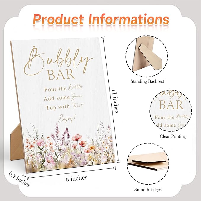 Floral Wedding Bubbly Bar Sign, Wedding Reception Table Decorations, Reception Table Wooden Sign with Back Stand for Bridal Shower Parties, Engagement Night Accessories, Anniversary Party, 4