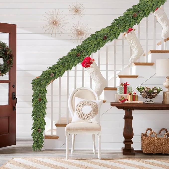 6 FT Cedar Garland - Artificial Christmas Garland with Pine Cones Berry for Christmas Decorations Holiday Seasonal Outdoor Indoor Home Decor