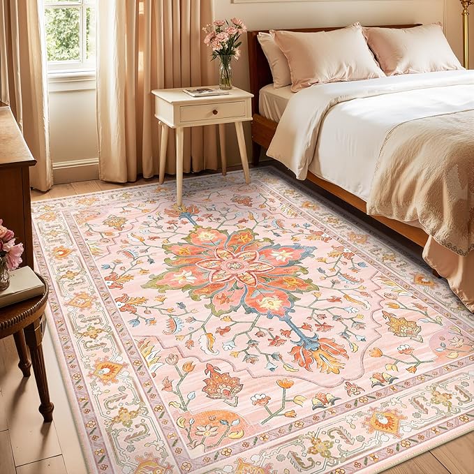 Area Rugs 3'x5' Washable Non-Slip, Floral Vintage Distress Print Pattern Medallion Carpet for Living Room Bedroom Dining Room, Light Pink Colorful