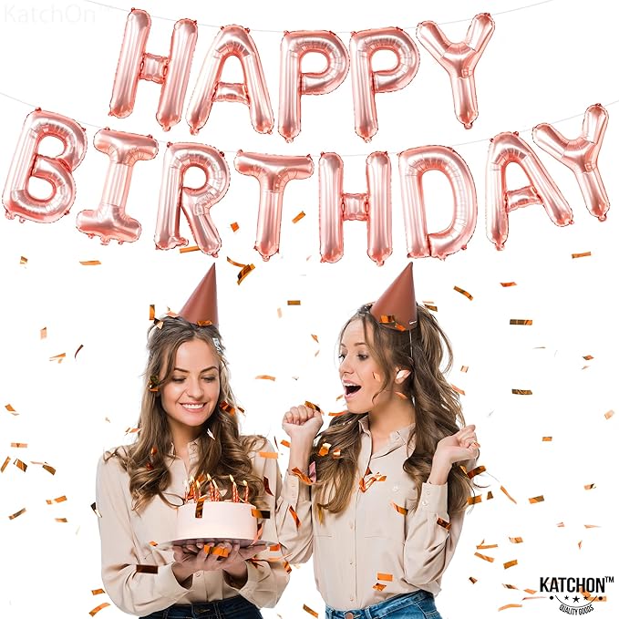 KatchOn, Rose Gold Happy Birthday Balloon Banner - 16 Inch | Rose Gold Happy Birthday Decoration Banner for Birthday Party Decorations | happy birthday Foil Balloons for rose gold Party decorations