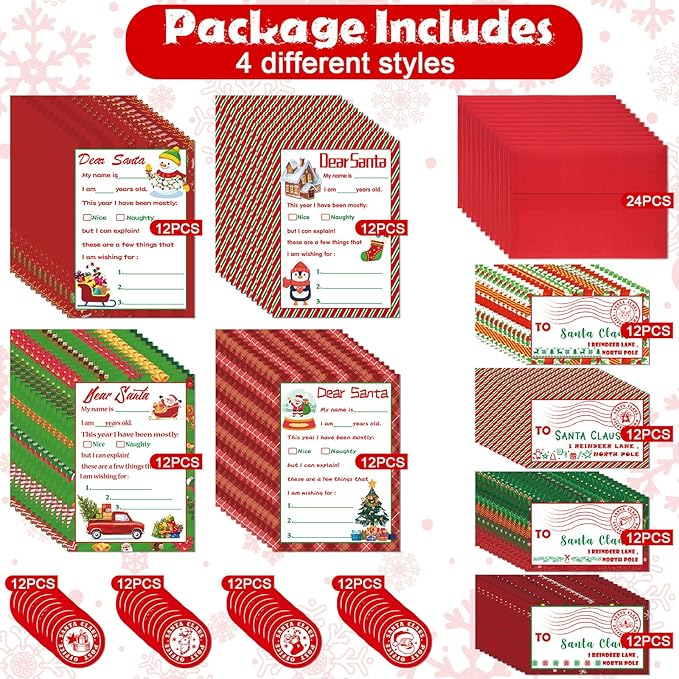 Cholemy 192 Pcs Official Letter to Santa Kit Including 48 Pcs Christmas Cards with Coordinating 48 Pcs Red Envelopes 48 Pcs Stamps 48 Pcs Stickers 5 x 7 Letter to Santa for Christmas Wish List Kids