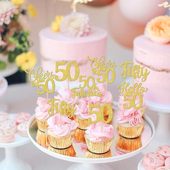 30PCS Happy 50th Birthday Cupcake Toppers Glitter Hello 50 Fabulous Fifty Cheers to 50 Years Old Birthday Cupcake Picks for Happy 50th Birthday Anniversary Party Cake Decorations Supplies Gold
