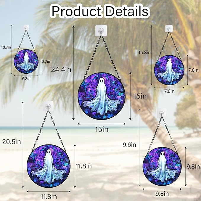 Stained Glass Window Hanging - Halloween Decoration Fantasy Ghost Suncatcher for Door Garden Spooky Blue Purple Sun Catchers Gothic Decor Horror Gifts for Women Men Friend Boy Girl 7.8 in