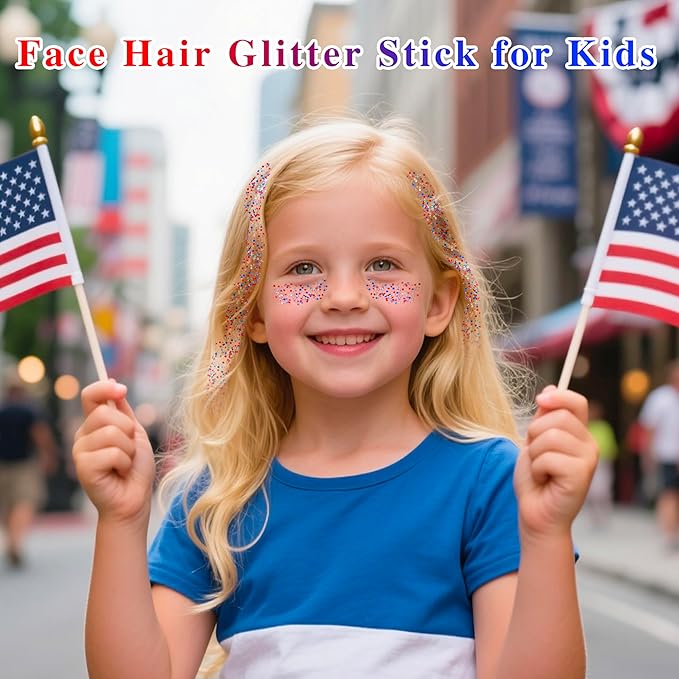 MEICOLY Red White and Blue Face Body Glitter Stick,Hair Glitter Stick for Kids and Women,Sparkle Patriotic Pride Chunky Glitter Makeup for Memorial Day,4th of July Accessories Outfits for Women