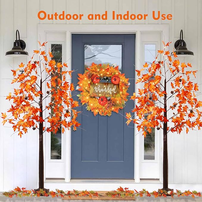 Fall Tree with Lights, 2 Pack 6FT Lighted Maple Tree, Prelit Artificial Tree Thanksgivng Decor, Dimmable Autumn Tree Lights, Lighted Fall Tree for Home Decor Harvest Halloween Decorations