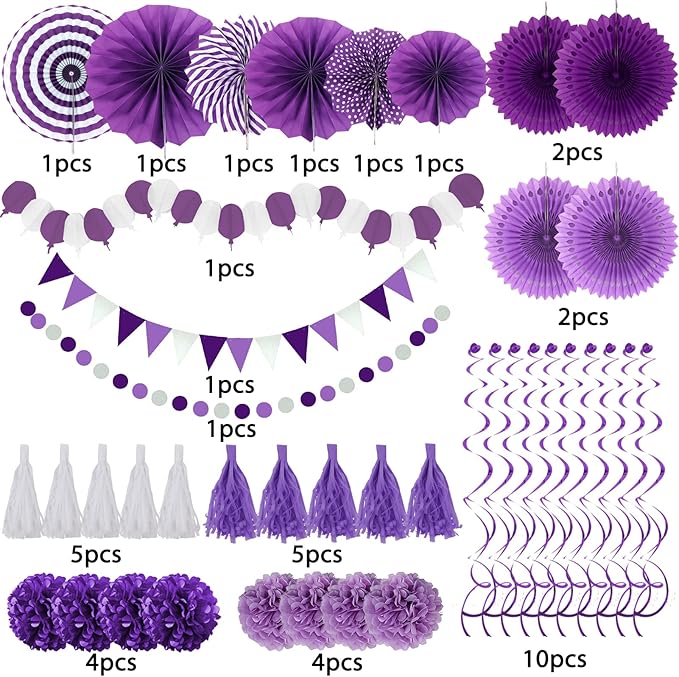 ZERODECO Party Decorations, 41 Pcs Purple Papar Fans Pompoms Garlands String Tissue Paper Tassel for Fiesta Home Bridal Baby Shower Wedding Boy Girl Birthday Party