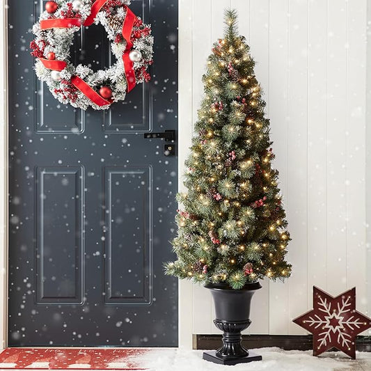 Glitzhome 6 FT Pre-Lit Artificial Christmas Tree, Lighted Entrance Tree Frosted Pine Cones and Berries Christmas Porch Tree with 200 Warm White Lights for Front Door Porch Entryway Holiday Home Decor