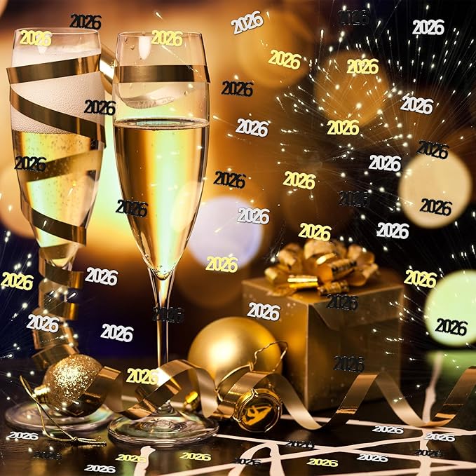 VHUWE 2026 New Years Confetti, 2.12 oz Shinny Metallic Black Gold Silver 2026 Number Confetti for Tables 2026 Happy New Year Decorations New Years Eve Party Supplies | Black Gold Silver