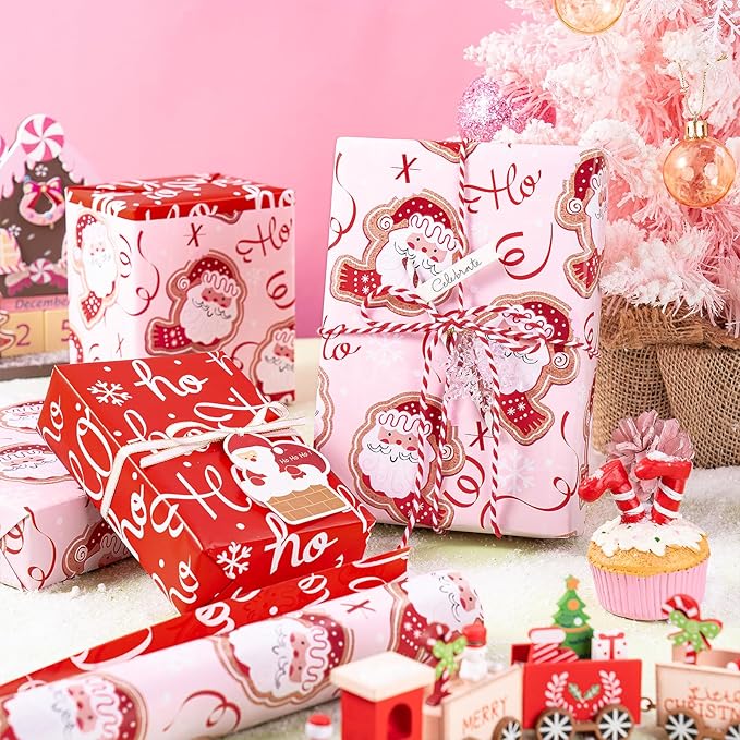 RUSPEPA Reversible Christmas Wrapping Paper Roll, Mini Roll, Adorable Santa Claus, Ribbon Design, Funny Red Ho Ho Ho Gift Wrap Paper Perfect for Girls, Family, Holiday Gifts, 17 Inches x 32.8 Feet