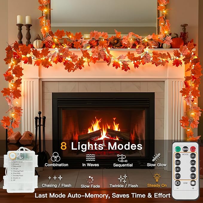 suddus Fall Garland with Lights Battery Operated, 20 LED Lighted Orange Fall Leaf Garland, Thanksgiving Fairy String Lights with Remote for Table, Mantle, Office, Porch, Halloween, Home Decoration