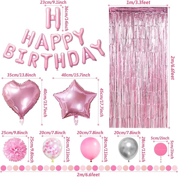ZERODECO Pink Birthday Party Decorations, Happy Birthday Banner Pompoms Balloons Pink Fringe Curtain Party Décor for Baby Girls Women Party