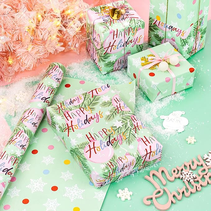 WRAPAHOLIC 30 Inch Jumbo Reversible Christmas Wrapping Paper - 30 Inch x 100 Feet Jumbo Roll Happy Holiday Lettering with Christmas Ball Design for Holiday, Party Celebration