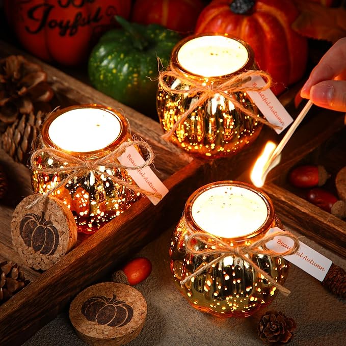 Lounsweer Set 12 Pumpkin Shaped Candles 5 oz Cute Scented Fall Pumpkin Candles Gift Farmhouse Home Table Halloween Decoration(Gold)