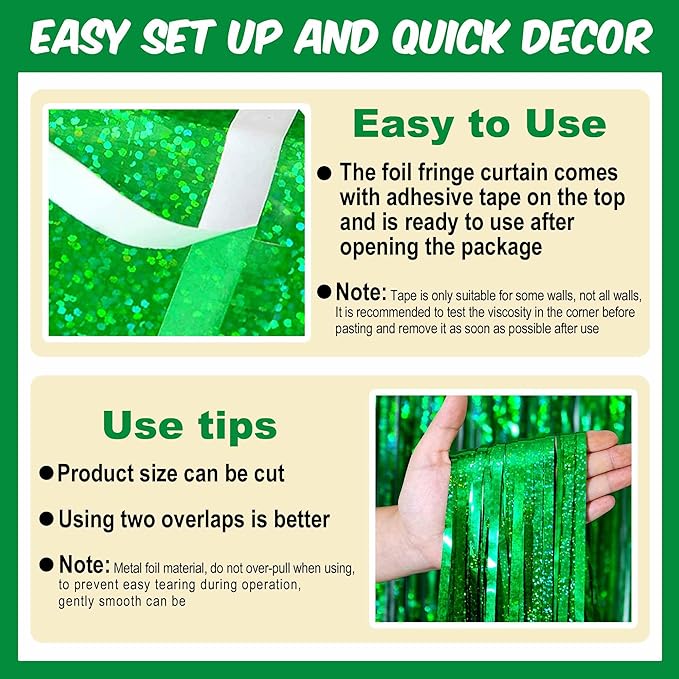 3 Pack Green Foil Fringe Curtains Backdrop, 3.28 x 8.2 Ft Metallic Streamers Tinsel Curtains Background for Photo Booth, Birthday, Christmas, Halloween, Thanksgiving, New Year Party Decorations