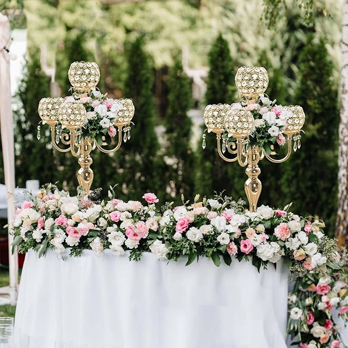 4Pcs 22 Inch Tall 5-Arm Gold Elegant Crystal Candelabra – Fancy Looking Candle Holder, Perfect for Your Table Centerpiece, Wedding & Christmas Dinner Party Events, Home Decor