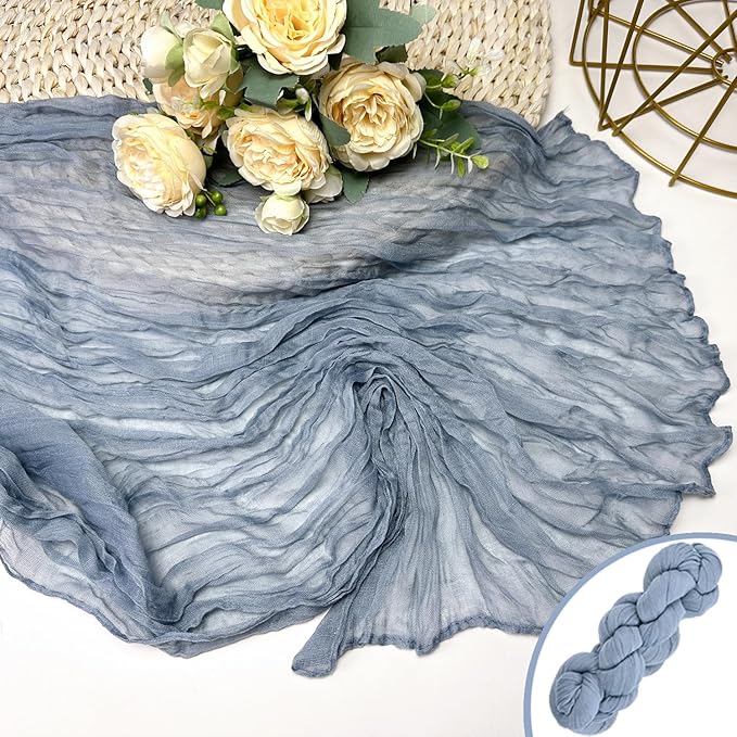 Booque Valley Dusty Blue Cheesecloth Table Runner 10ft Super Soft Boho Wrinkled Gauze Sheer Cloth for Baby Shower Baptism Birthday Party Wedding Centerpiece Table Decoration, 35x120 Inch