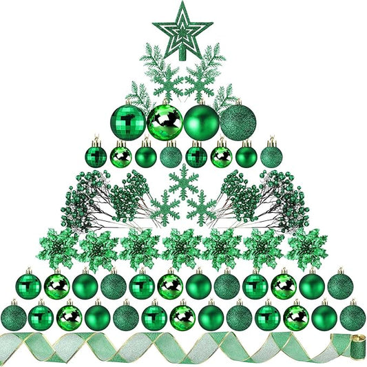 Sratte 94 Pcs Christmas Tree Decorations Set, Christmas Tree Ball Ornaments Glitter Poinsettia Flowers Decorations Glitter Berries Stems for Xmas Holiday Wedding(Green)