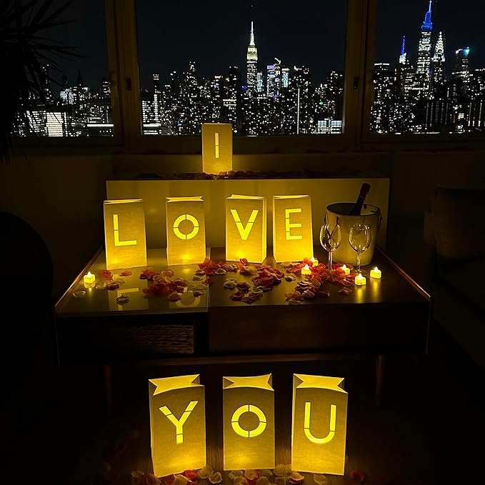 I Love You Light Up Letters with 30 Tea Lights Candles and 1000 Red & Pink Rose Petals - Luminary Bags for Anniversary Decorations, Valentines Day Decorations & Romantic Bedroom Decor