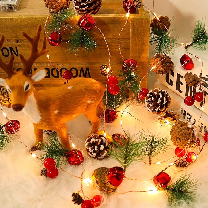 RECUTMS Christmas Garland with Pine Cones, Red Berry, 6.5FT, 20 LED Fairy Pinecone Lights for Fireplace Mantle, Winter Xmas Tree Party Indoor Outdoor Decorations (2 Pcs)