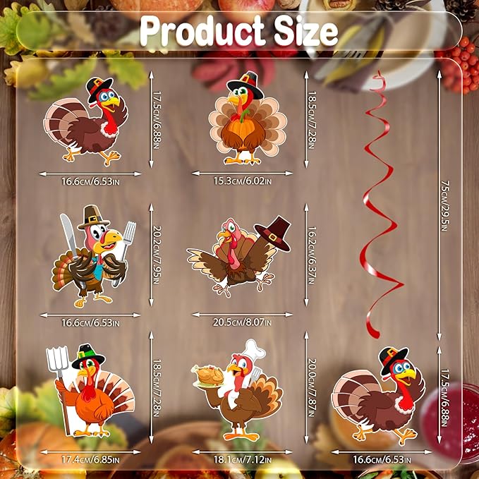 30Pcs Thanksgiving Turkey Hanging Swirls, Thanksgiving Decorations Hanging Swirl Turkey Ceiling Swirls Streamers for Classroom Friendsgiving Party Supplies