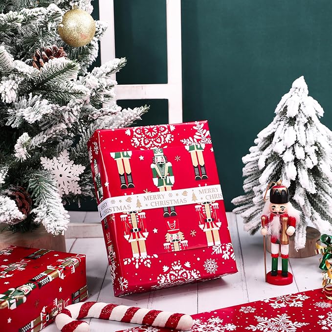 WRAPAHOLIC 30 Inch Jumbo Reversible Nutcracker Christmas Wrapping Paper - 30 Inch x 33 Feet - Red Nutcracker and Snowflake Wrapping Paper for Christmas, Holiday, Party