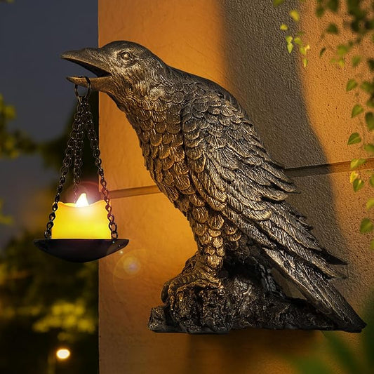 Halloween Decorations Outdoor Indoor Gothic Crow Wall Decor Table Candle Holder Raven Tealight Statue for Yard Patio Garden Bedroom Half Gold