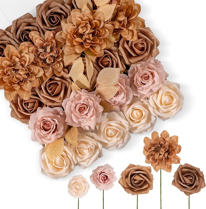 TINGE TIME Artificial Flowers, Fake Rose Silk Dahlia with Stems for DIY Bridal Wedding Bouquets Baby Shower Floral Arrangements Centerpiece Table Party Home Decorations(Dark Milk Tea)