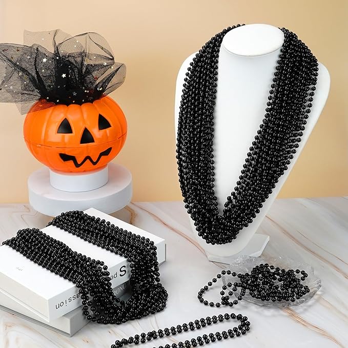 SHAOQINLIN 30 PCS Black Bead Necklaces, Black Mardi Gras Party Beads, New Year Eve Necklaces, 33 Inch Round Halloween Beaded Necklace for Mardi Gras, Christmas, Halloween, New Year Party Favors